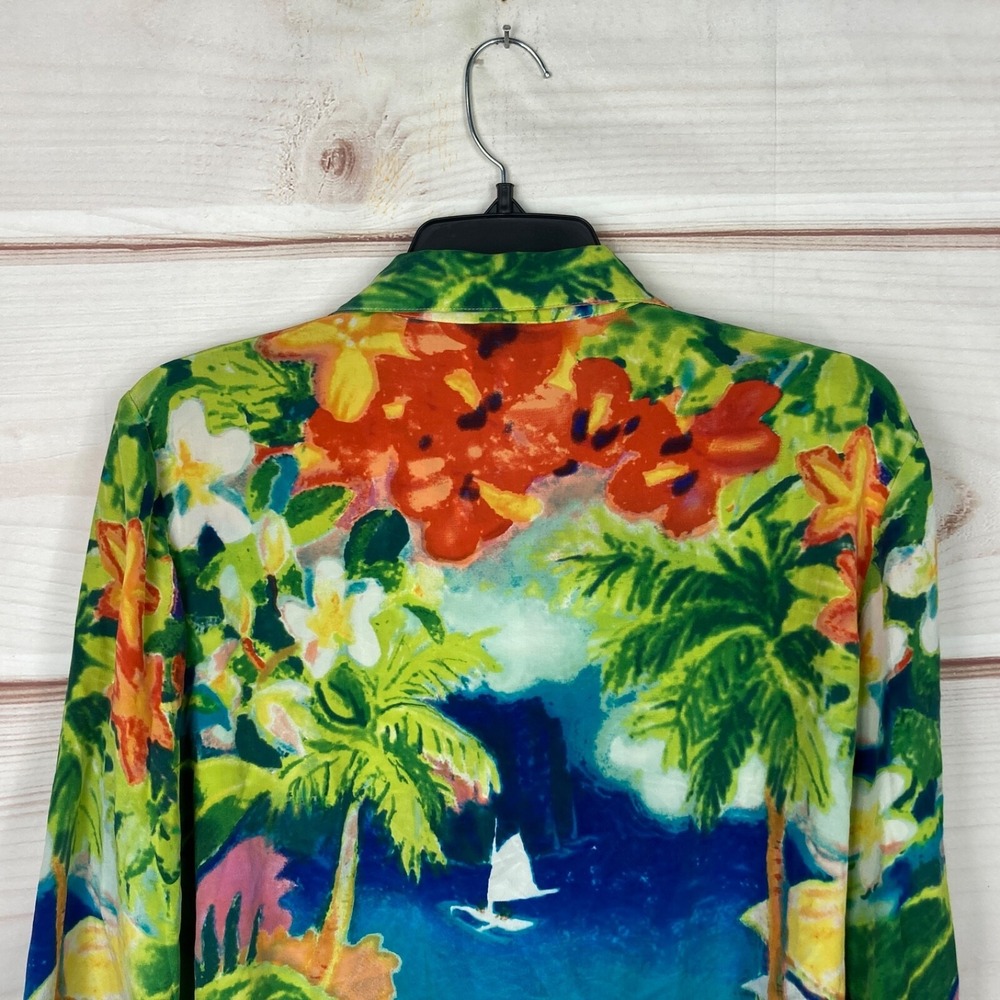 Michael Leu Top Women L Silk Tropical Print Shirt Long Sleeve Art to Wear Floral - Picture 7 of 7